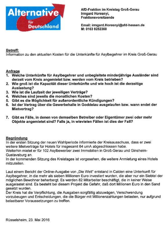 Anfrage - Information zu den aktuellen Kosten für die Unterkünfte für Asylbegehrer im Kreis Groß-Gerau